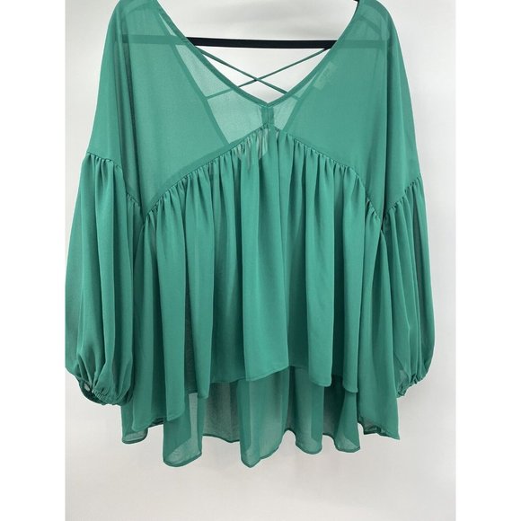 Umgee Tops - Umgee Women’s Top Medium Baby Doll Open Cross Cross Back‎ Balloon Sleeve Green